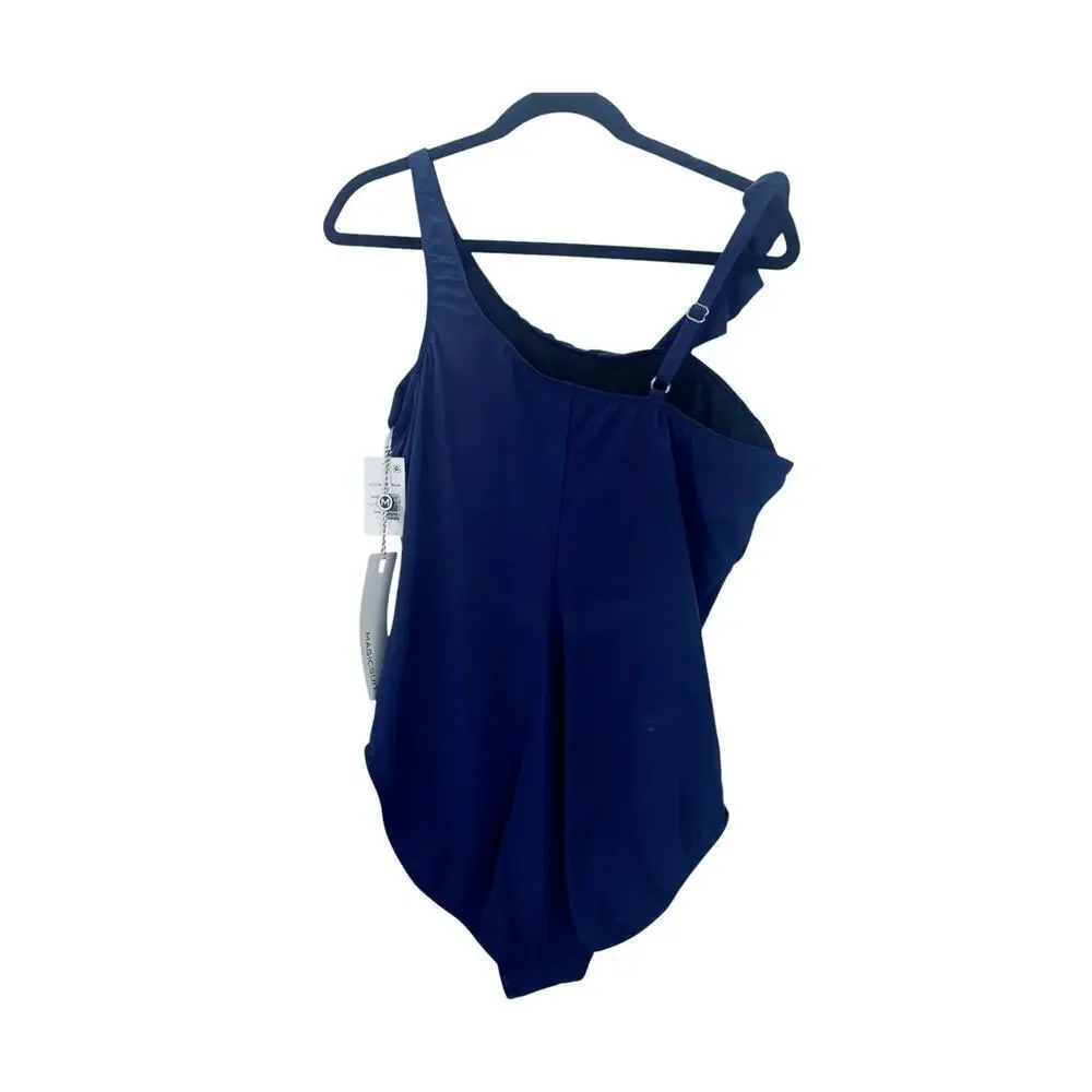 Magicsuit One-Shoulder Ruffle One Piece Swimsuit in Navy Blue Size 16 NWT
